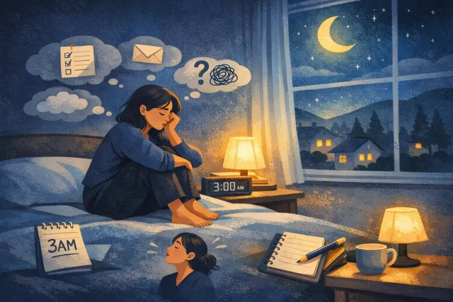 Abstract illustration of nighttime overthinking and anxiety spirals