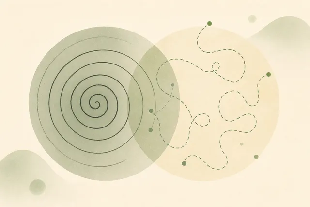 Abstract illustration of two overlapping circles of motion, one a tight worried spiral and one a scattered jumping path, meeting in a shared zone