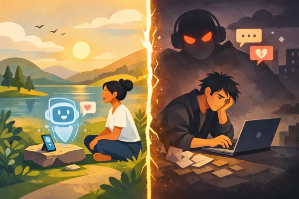 Ilustrație care contrastează suportul AI sigur pentru sănătatea mintală cu dependența dăunătoare de chatboți AI