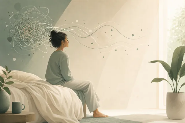 Abstract morning-after illustration of a figure on the edge of a bed in soft daylight, a tangled swirl of energy slowly unwinding and settling