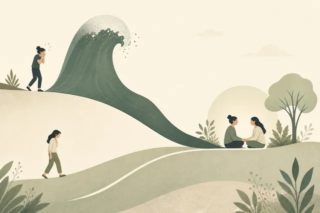 Illustration of a person on a hillside with a steep cresting wave rising behind them, another person walking a gentle slope below, and two people sitting together talking in a calm garden, in muted sage green and warm cream