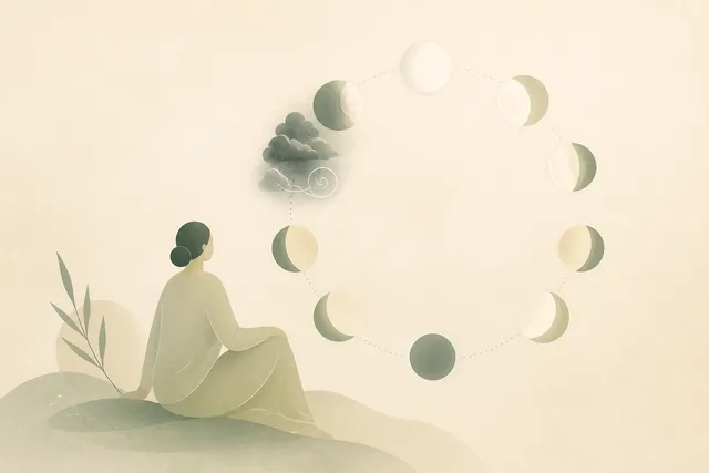 Abstract illustration of a figure calmly observing a circular arc of moon-like phases with one subtly stormy segment, suggesting a cycle that can be anticipated