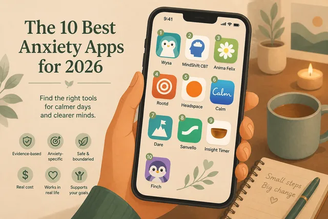 Ilustrație cu mai multe iconițe de aplicații pentru anxietate aranjate pe ecranul unui telefon, reprezentând selecțiile de top pentru 2026