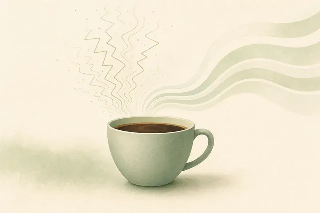Abstract coffee cup with jittery energy lines rising and settling into calm waves in muted sage green and warm cream