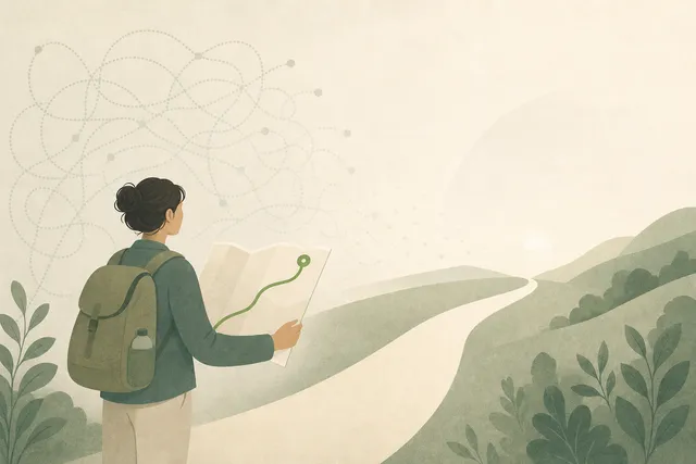 Illustration of a person with a backpack holding a map showing one clear marked route, with a tangle of faint looping dotted lines fading behind them and an open path ahead, in muted sage green and warm cream