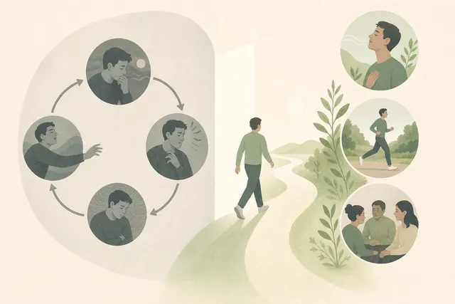 Illustration of a closed four-stage loop shown in muted grey on one side and a person stepping through a doorway toward breathing, running, and talking with others on the other, in muted sage green and warm cream