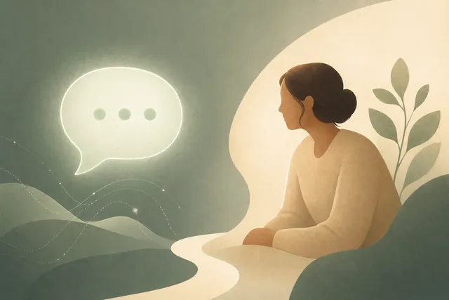 Ilustrație abstractă care contrastează o bulă de chat generică, luminoasă, cu o prezență umană mai caldă alături