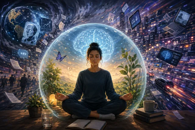 Abstract illustration of a calm brain steady inside a world of rapid technological change