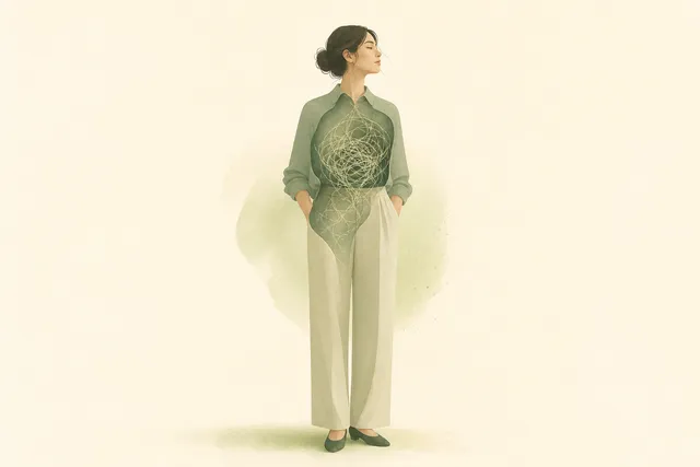 A composed, upright figure in muted sage green and warm cream, with a softly tangled knot of fine lines held inside their silhouette.