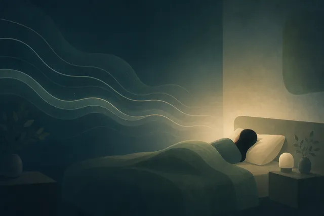 A soft abstract nighttime bedroom scene with a figure settling into rest, a dimming glow, and slow wave-like lines showing an overactive nervous system winding down in muted sage green, warm cream, and deep night tones.