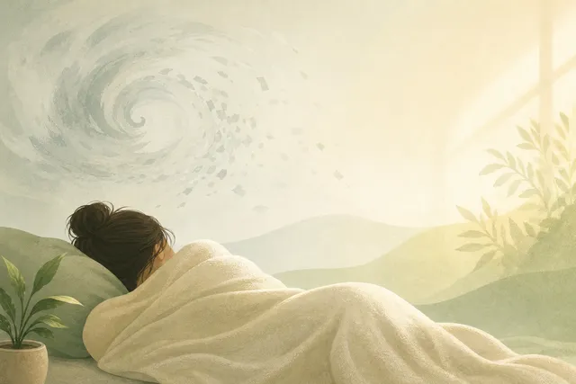 Abstract illustration of a figure resting under a soft blanket in gentle morning light while a faded storm swirl dissipates in the background