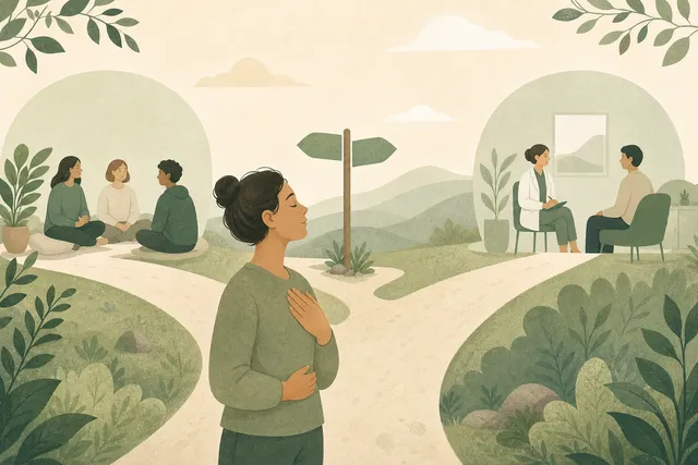 Illustration of a person with a hand on their chest breathing calmly at a fork in a path, with a small peer-support group on one side and a clinician consultation on the other, in muted sage green and warm cream