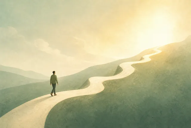 A calm figure walking along an abstract uneven rising path with small dips toward soft open light, in muted sage green and warm cream with a gentle glow ahead.