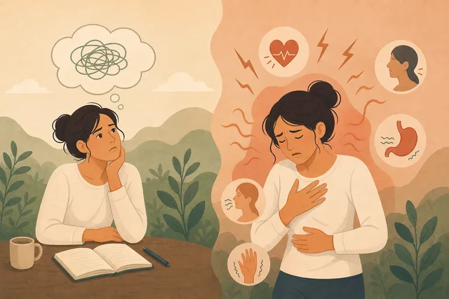 Ilustrație care arată diferența dintre îngrijorare ca gând și anxietate ca stare a corpului