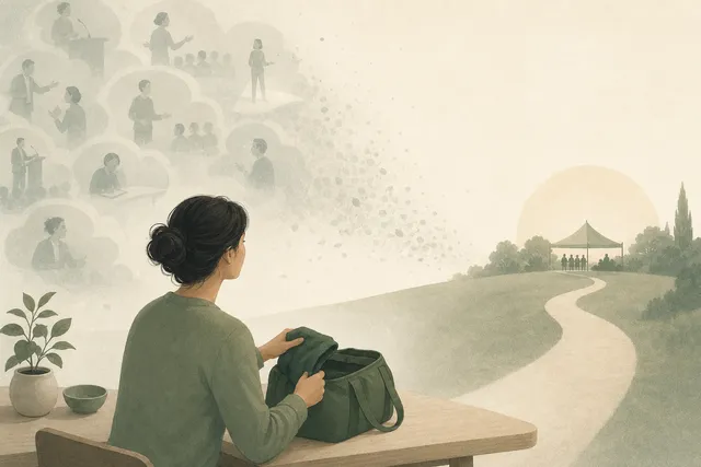 Illustration of a person calmly packing a bag at a table while many faint imagined rehearsals of the same event drift in clouds behind them and one real path leads toward a small pavilion, in muted sage green and warm cream
