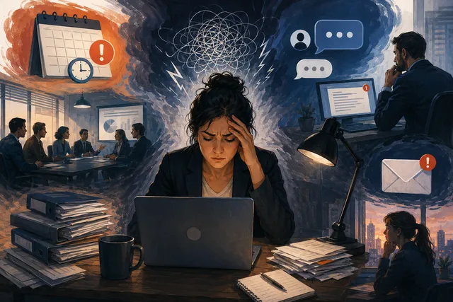 Illustration of work anxiety scenarios including meetings, emails, and office tension