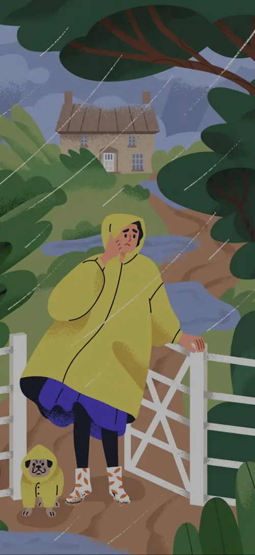 Person in a yellow raincoat feeling distressed
